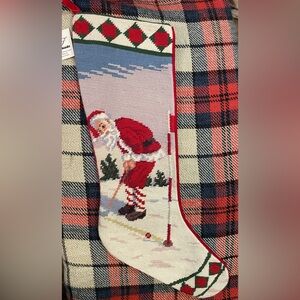 Vintage Handmade Needlepoint Christmas Stocking Golfing/Putting Santa NEW w Tags